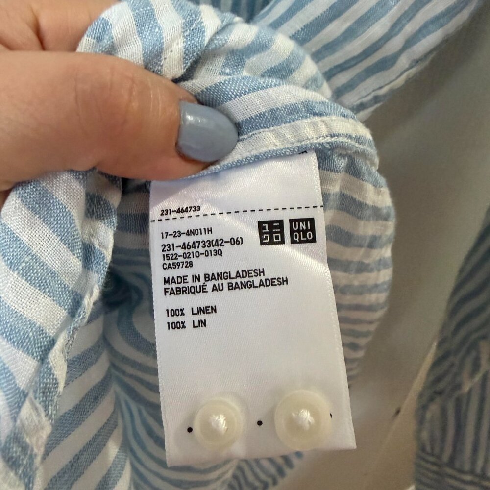UNIQLO Blue and White 100% Linen Striped Button Down Shirt Size L - Picture 4 of 8